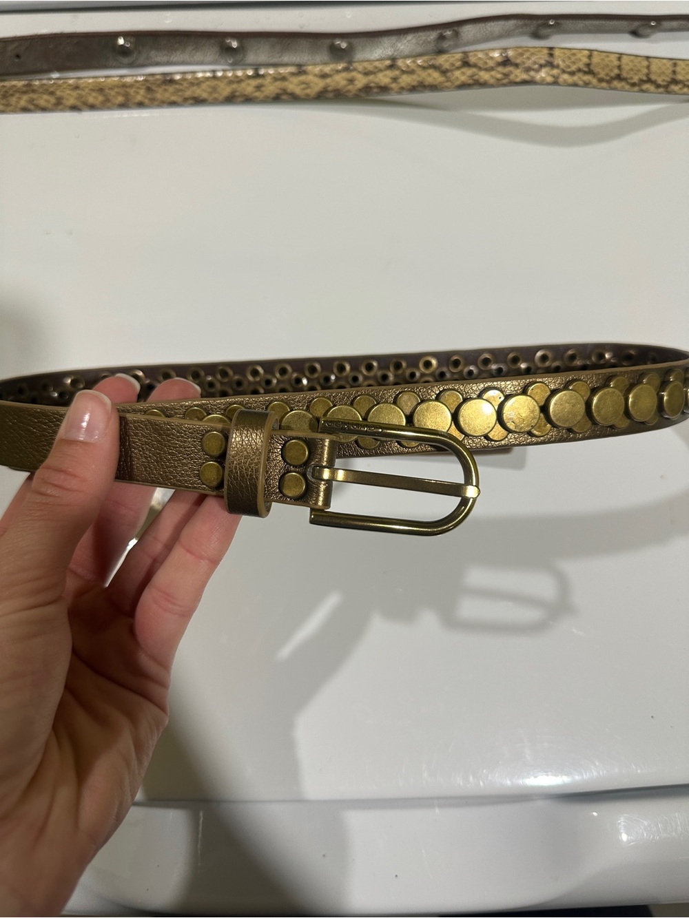 Calvin Klein Metallic Gold Studded Leather Belt